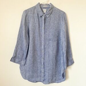 Chico's No Iron Blue Linen Button Up 3/4 Sleeve Shirt Womens 8 Coastal